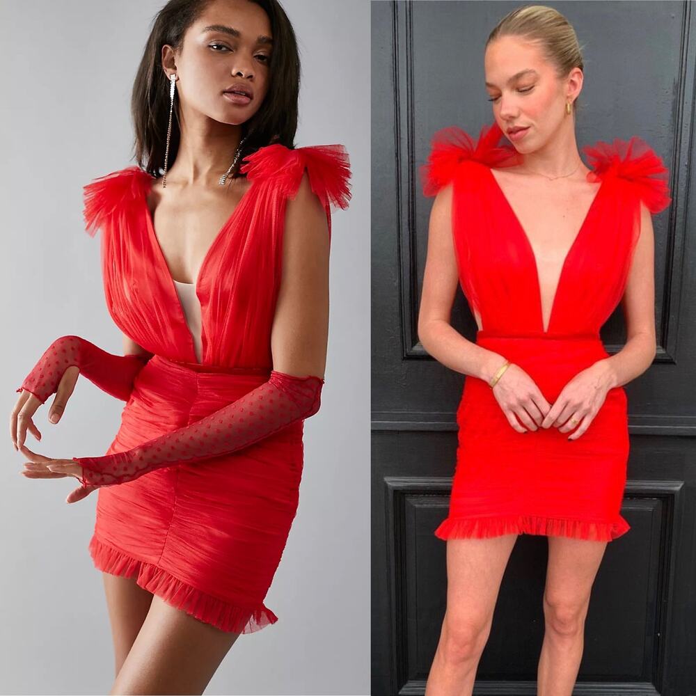 Plunging V-Neck Red Mini Dress with Tulle Shoulder Bows